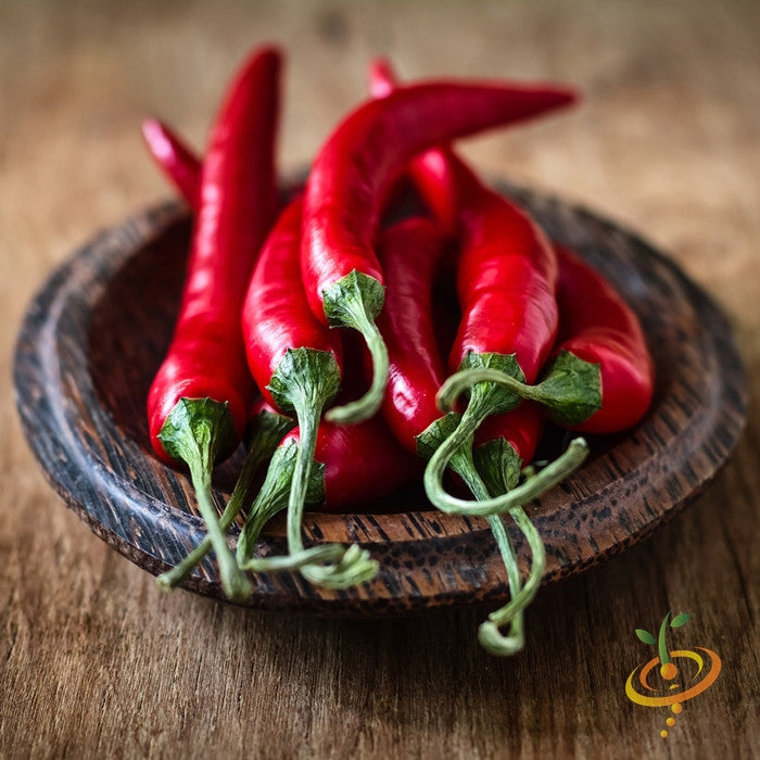 Red cayenne peppers on wooden plate, bright and glossy with green stems