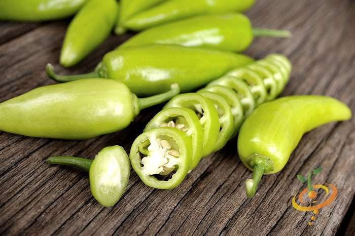 Sweet banana pepper plant with vibrant green peppers growing on the stem, from SeedsNow, ready for harvest.