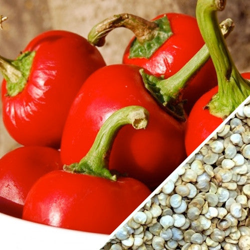 Close-up of bright red hot cherry peppers with green stems and a portion showing pepper seeds