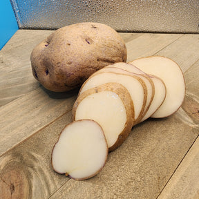 Organic Caribe early-season potato seed from SeedsNow-Potatoes, showing round, fresh potato tubers suitable for planting.